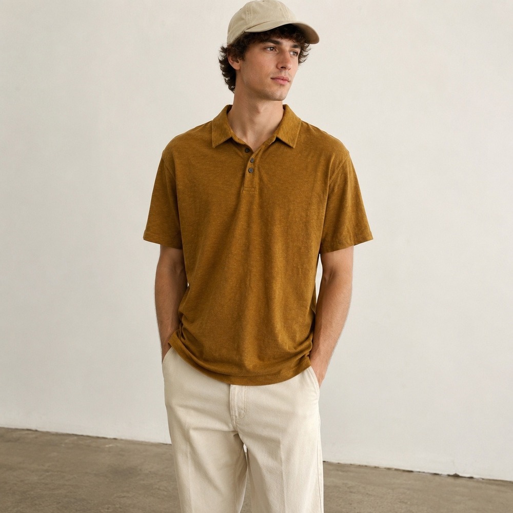 American Giant Premium Slub Polo Shirt Mens Large Mustard Brown Cotton USA NEW